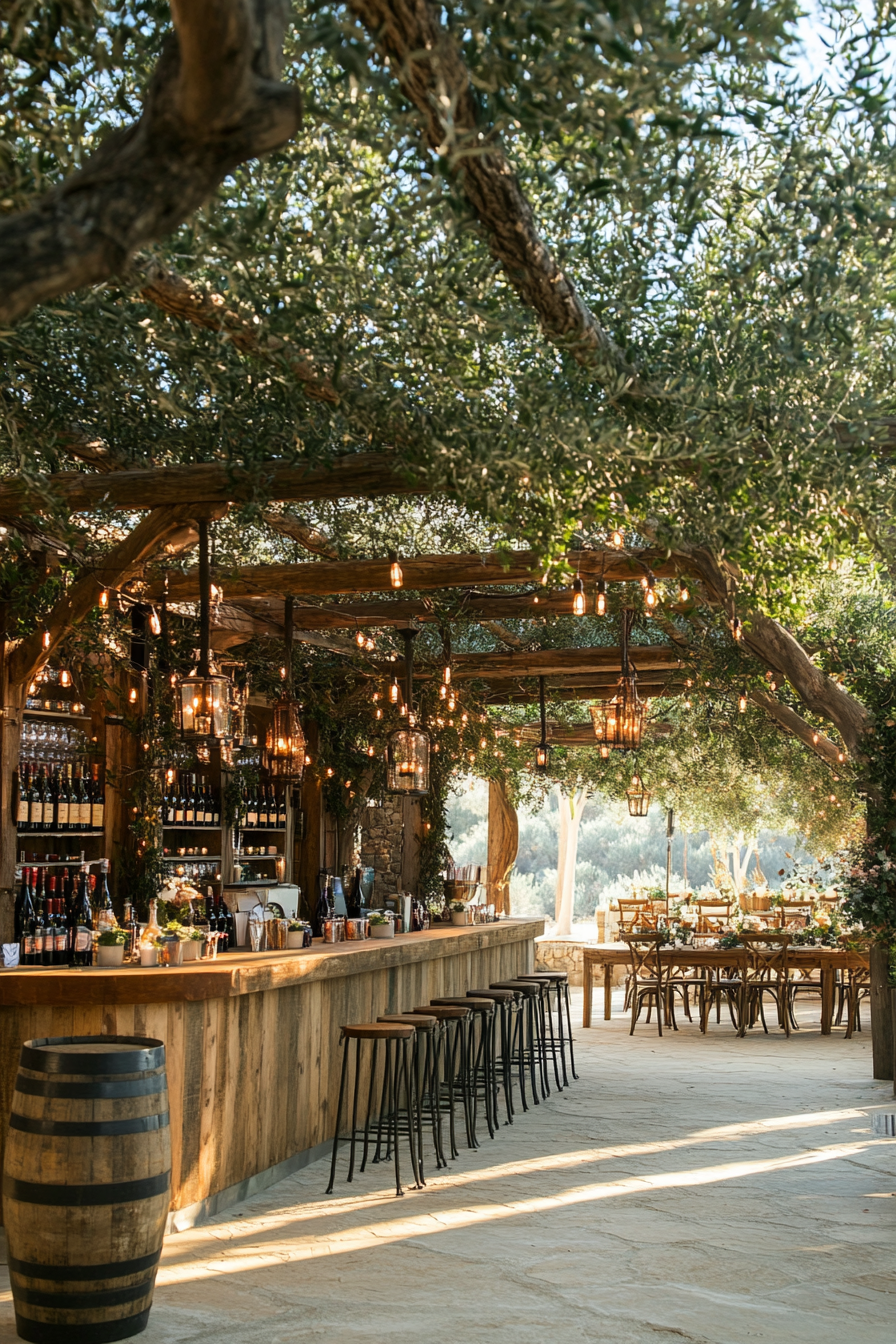 Wedding Venue Design. Olive tree canopy with bourbon barrel wine station.