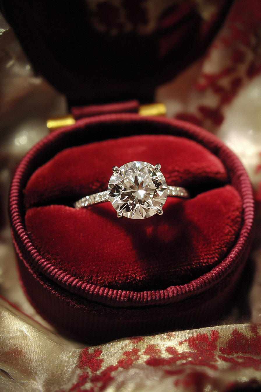 Wedding jewelry showcase. Velvet box housing a platinum solitaire diamond ring.