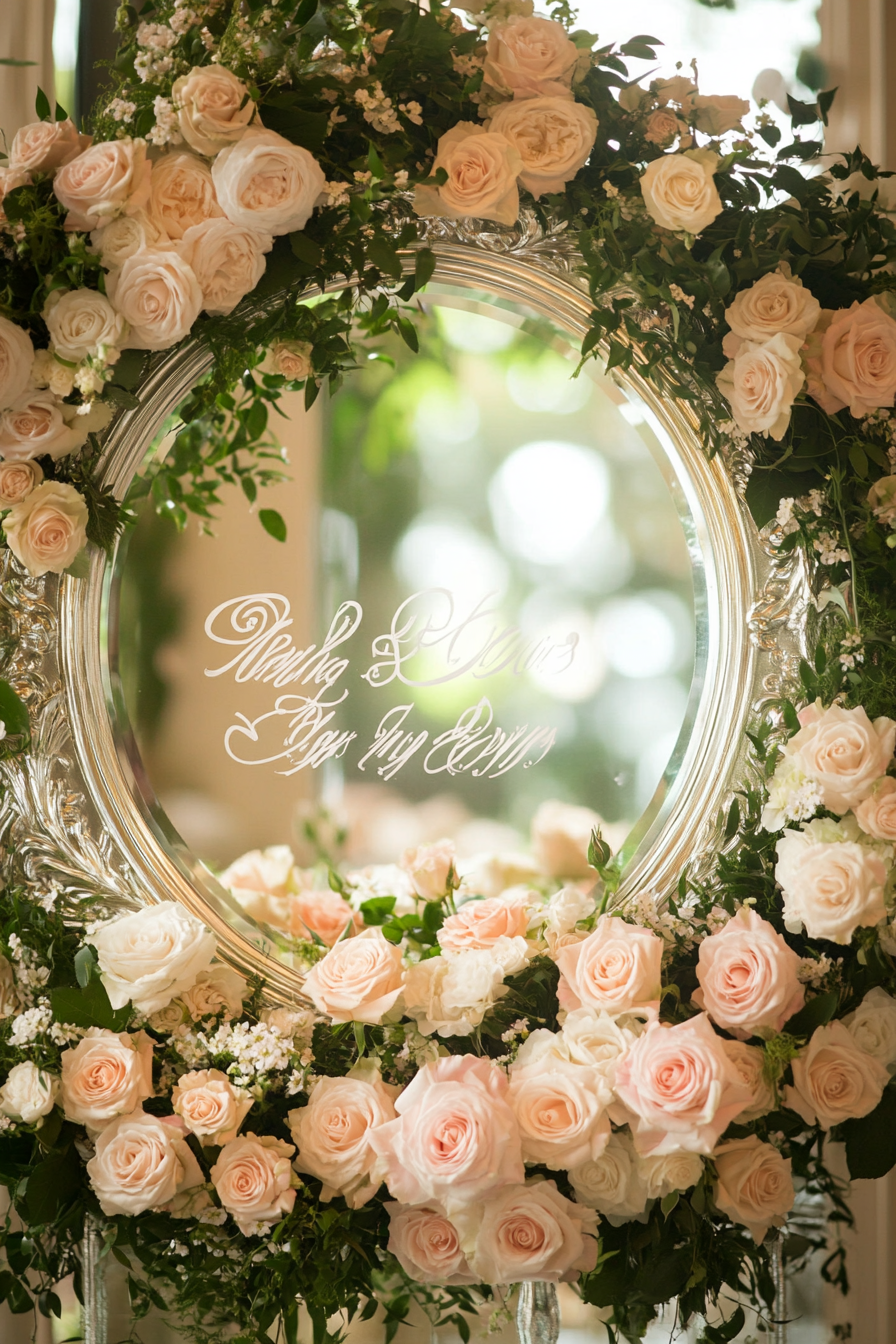 Wedding entrance display. Blooming roses encircling a mirrored sign with elegant white calligraphy.