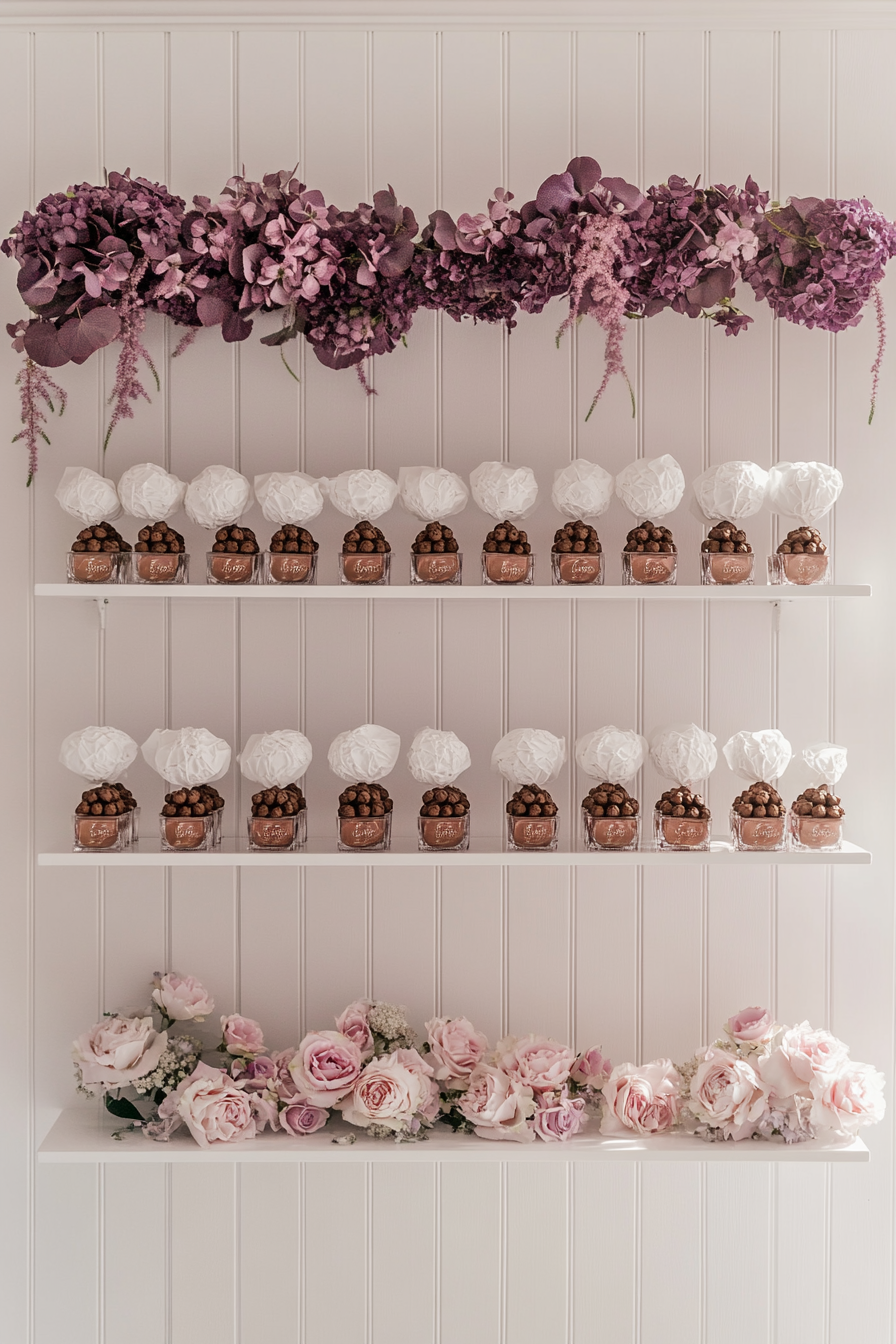 Wedding bar display. Ferrero Rocher chocolates on floating white shelves with mauve floral garlands.