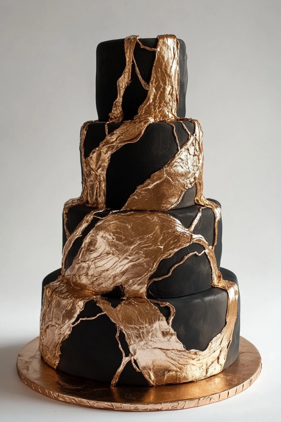 Wedding cake design. Mirror glaze metallic gold veining on mocha fondant tiers.