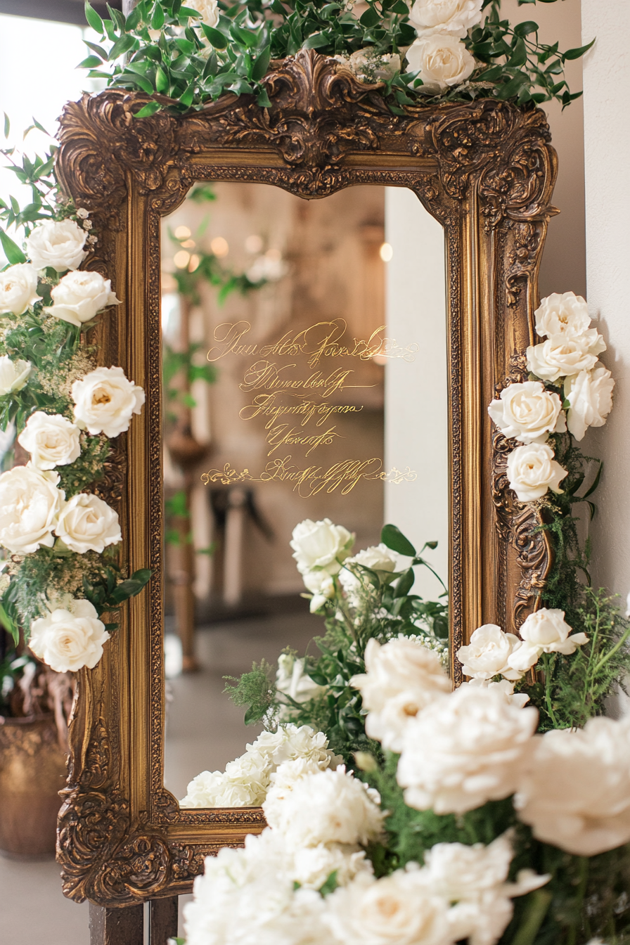 Wedding entrance display. Antique mirror with gold calligraphy and white roses frame.