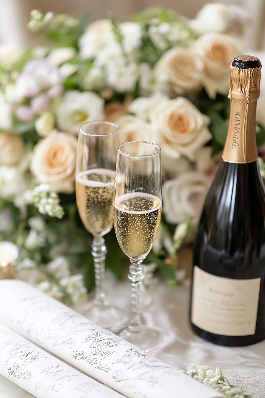 Wedding Ceremony. Elderflower champagne arranged beside French vanilla calligraphy scrolls.