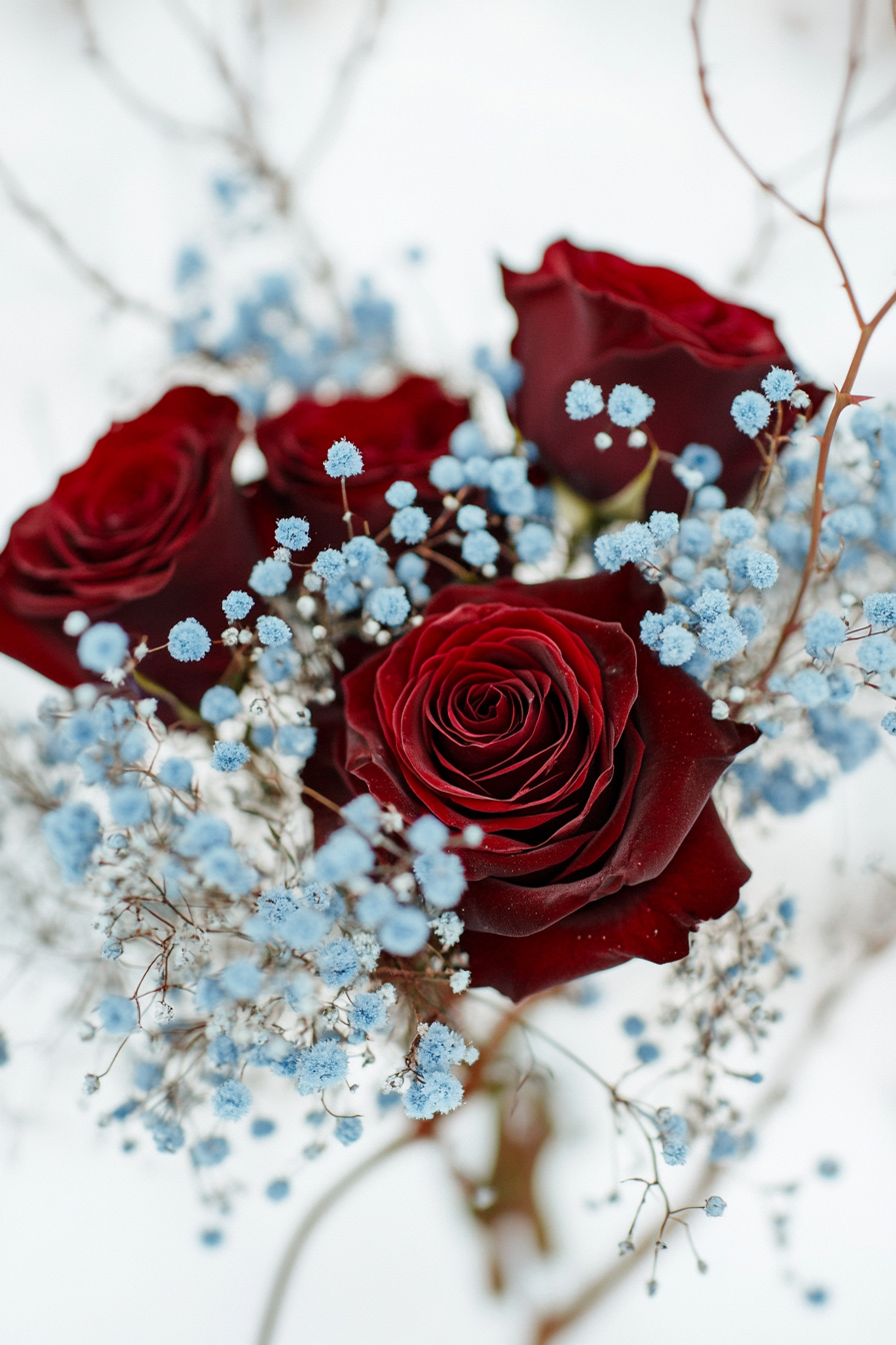 Wedding bouquet. Burgundy roses grouped with icy blue delicate baby's breath.