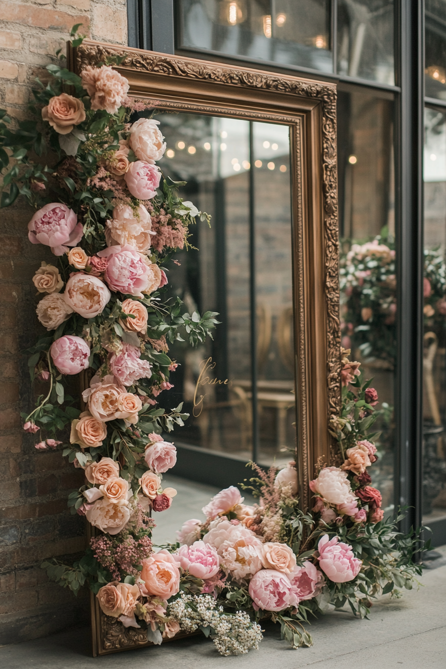 Wedding entrance display. Mirror calligraphy on antique bronze frame with dusty rose peonies.