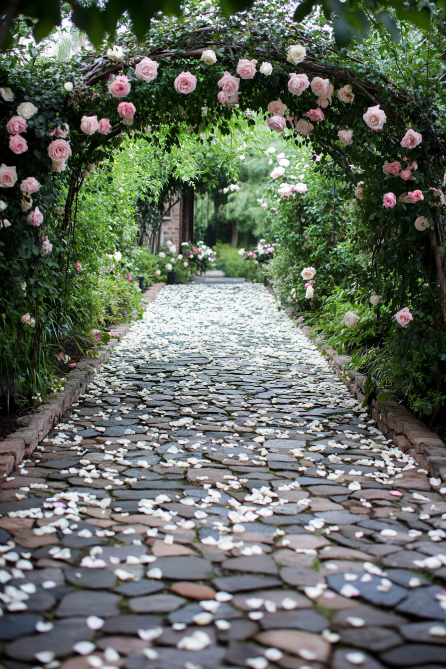 Garden wedding ceremony. Blush rose archway on cobblestone pathway scattered with white petals.