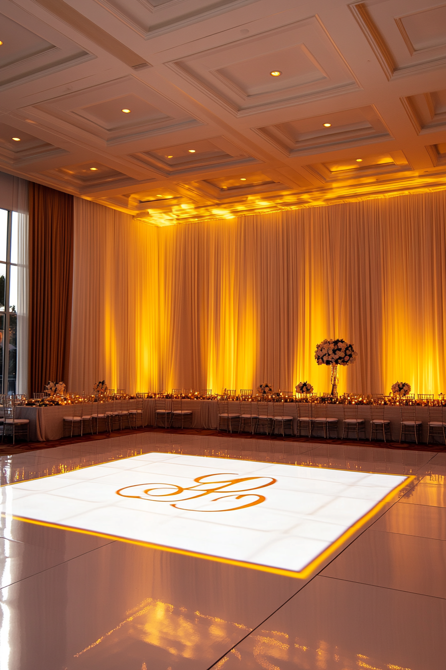 Wedding entertainment space. Monogram projection on a white dance floor with yellow LED borders.