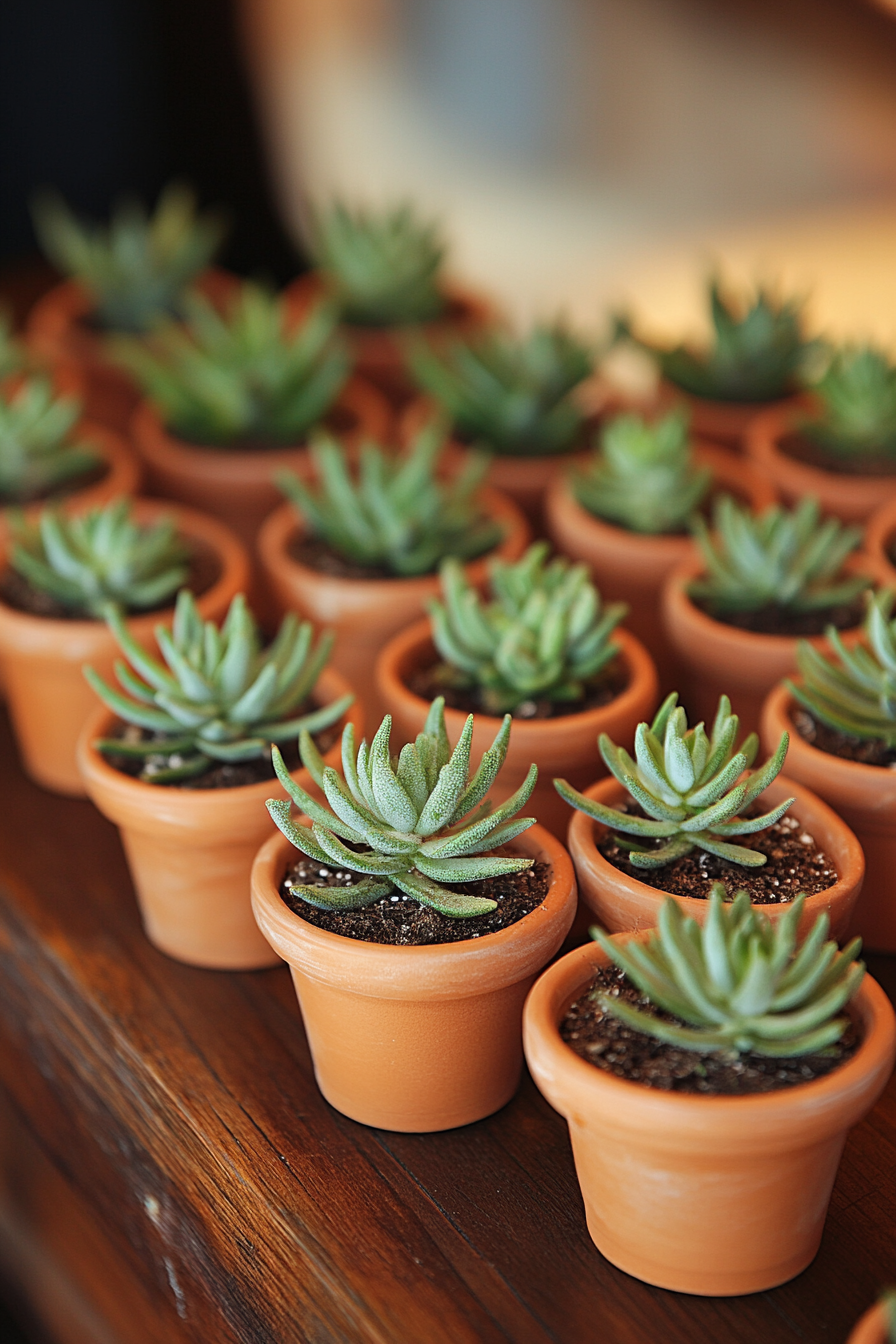 Wedding reception setup. Rosemary-infused potted succulent centerpieces.