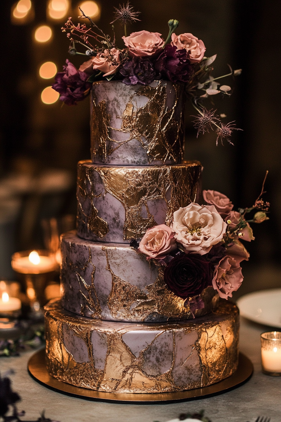 Wedding cake design. Three-tiered metallic cake with intricate gold veining.