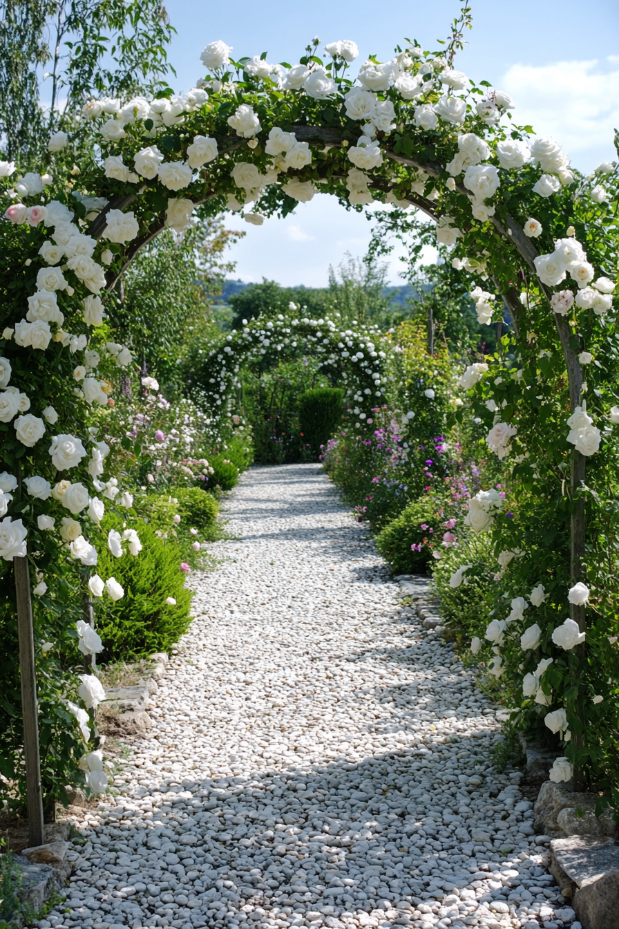 Wedding garden ceremony. White rose arch over pebble pathway.