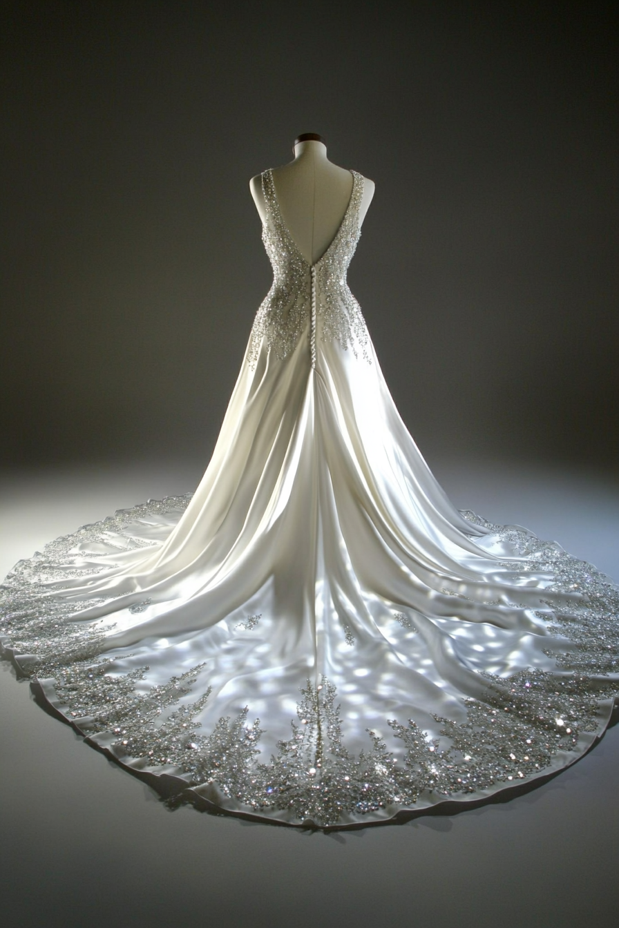 Wedding gown. White satin, cathedral train, bodice crystallized with Swarovski.