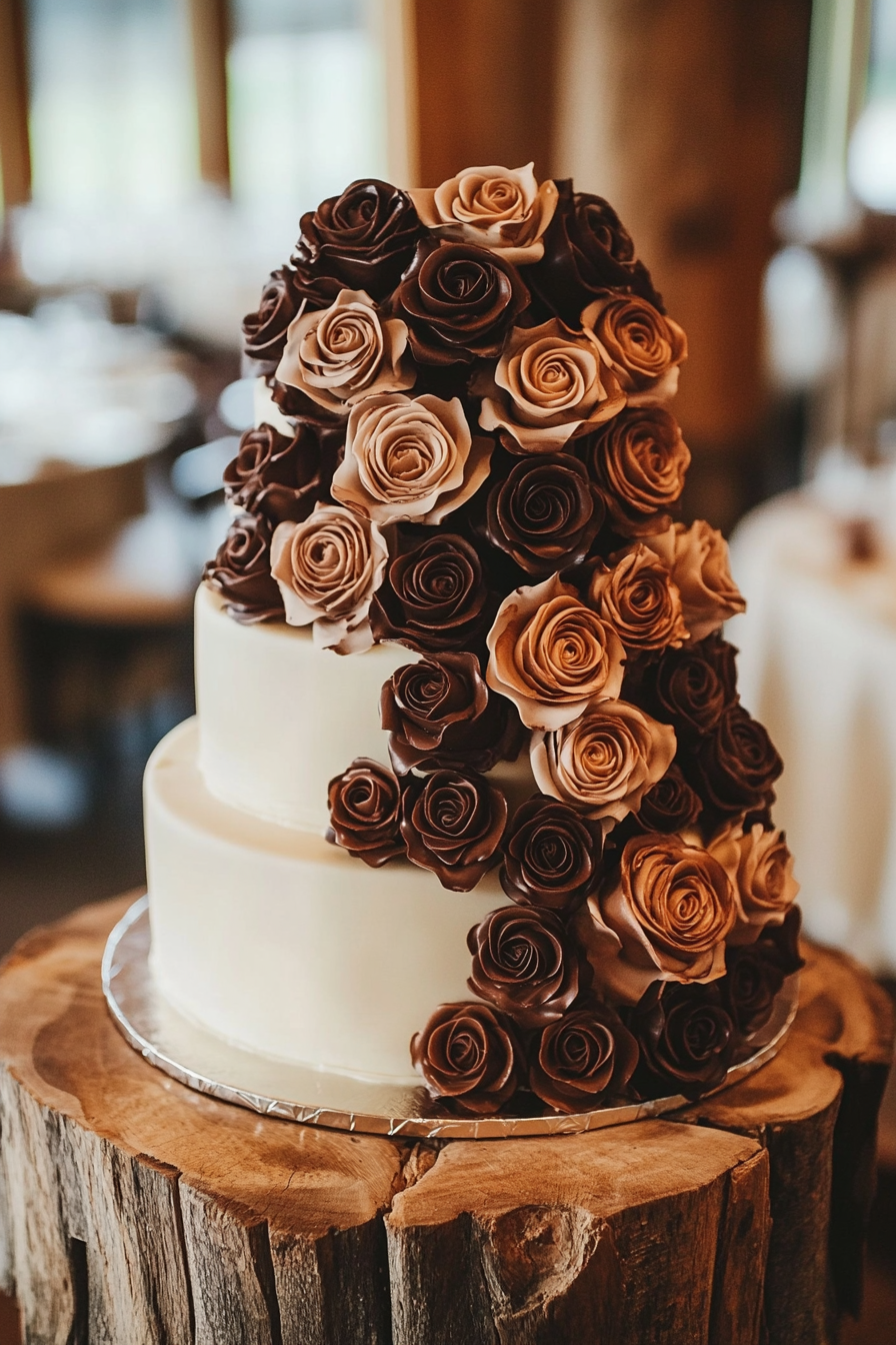 Wedding dessert display. Vanilla fondant cake with cascading handcrafted chocolate roses.