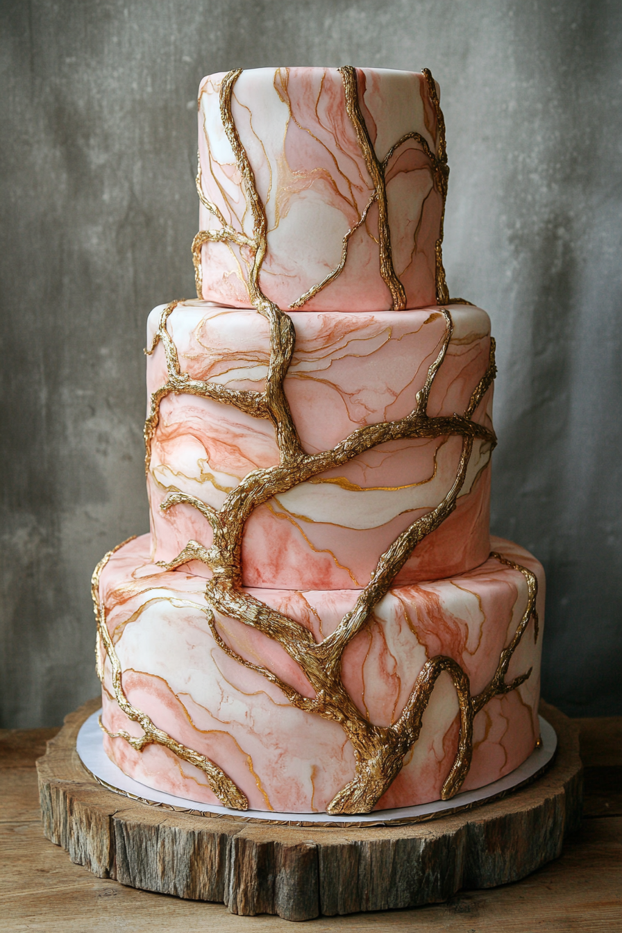 Wedding cake design: blush marbling with gold veining.