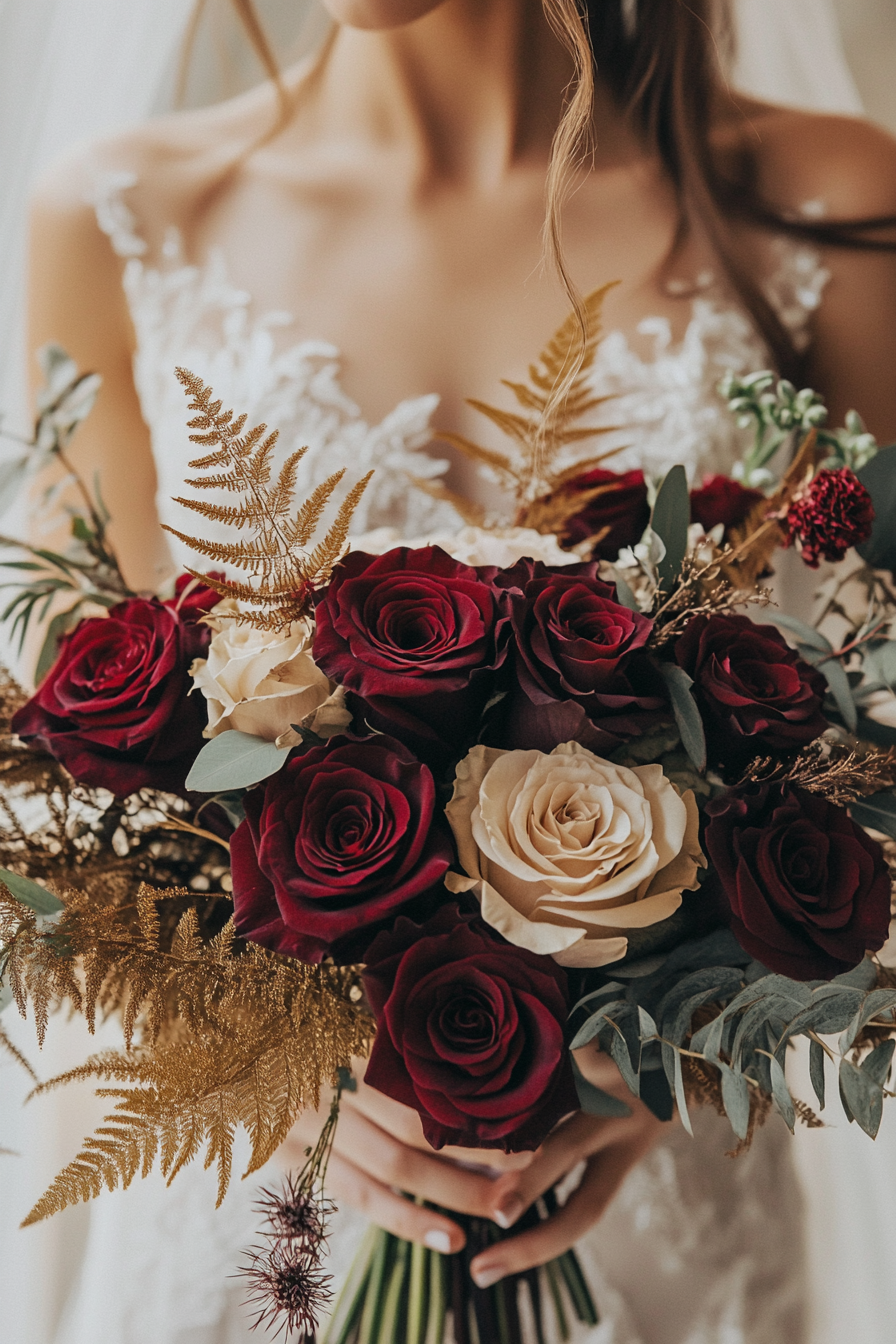 Wedding bouquet. Burgundy roses with accents of gold fern leaves.