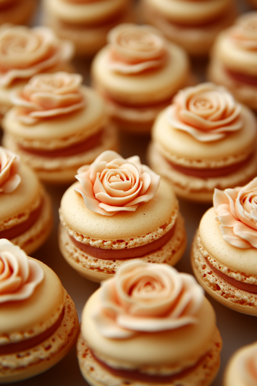 Wedding dessert display. Strawberry macarons with delicate handcrafted sugar roses.