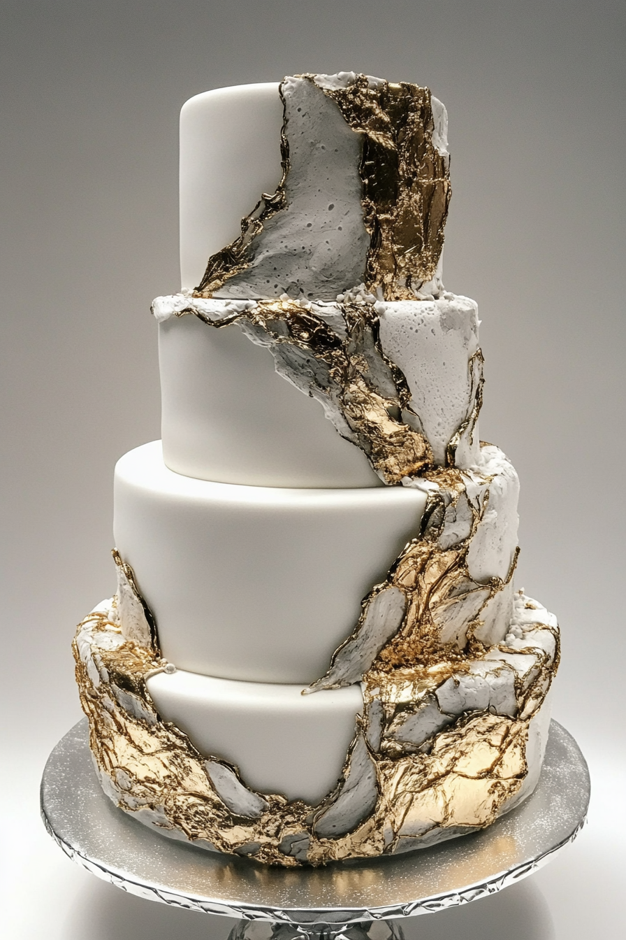 Wedding cake design. Gold veining on white fondant with metallic silver tier.