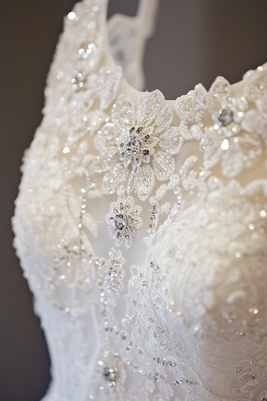 Wedding Gown. French lace bodice with cathedral train, encrusted with Swarovski crystals.