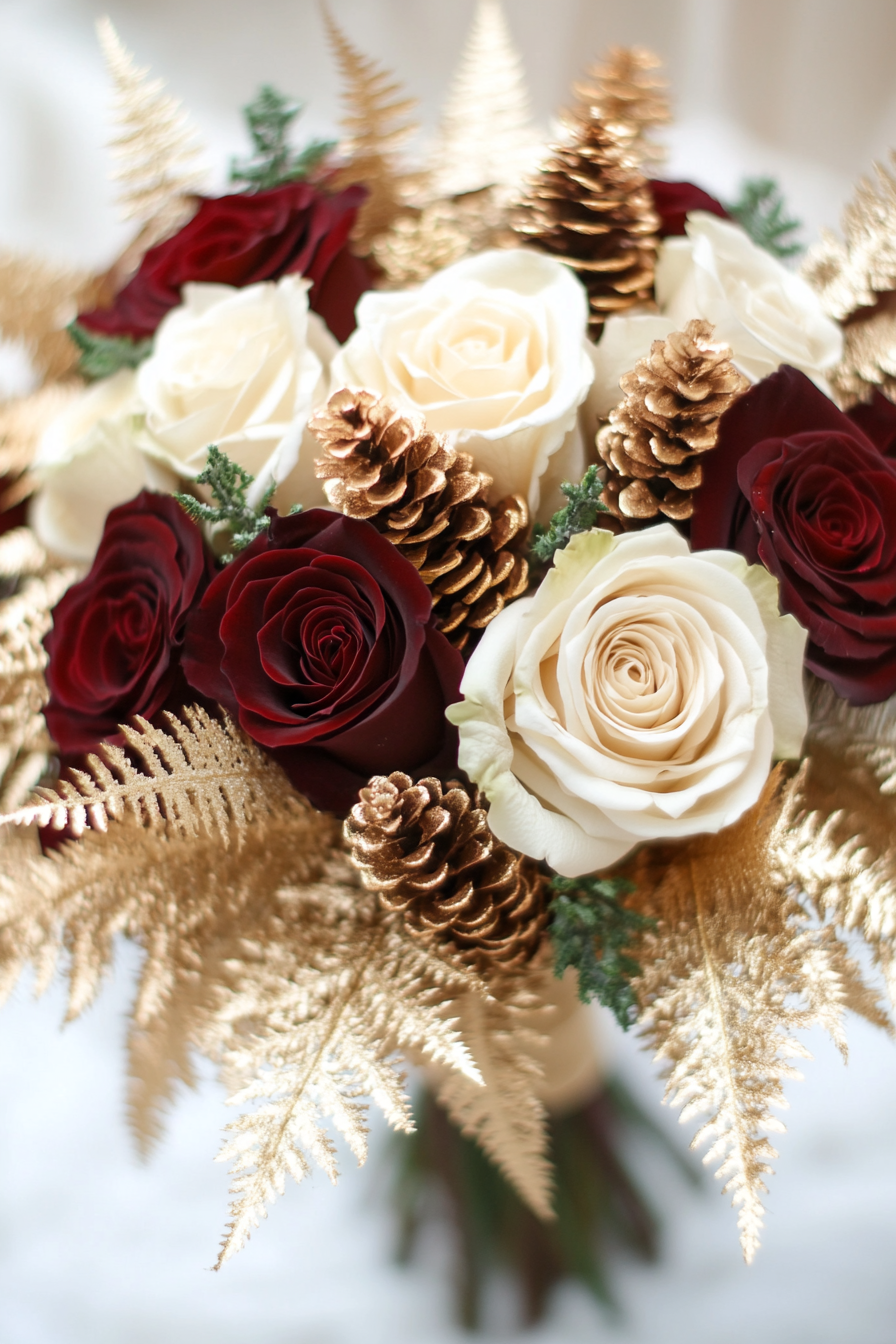 Winter wedding bouquet. Ivory roses, burgundy accents, gold ferns, pinecones.