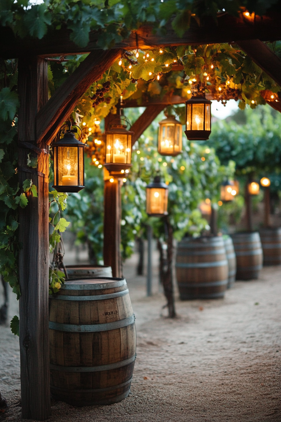 Wedding venue design. Grape arbor with hanging lanterns, barrel display.