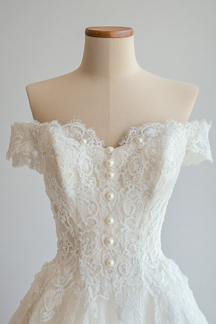 Wedding dress. Chantilly lace, pearl buttons, off-shoulder sleeve design.