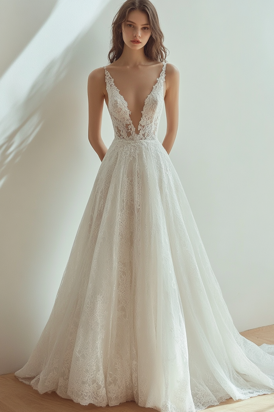 Wedding dress collection. A-line Chantilly lace gown, long train with pearl buttons.