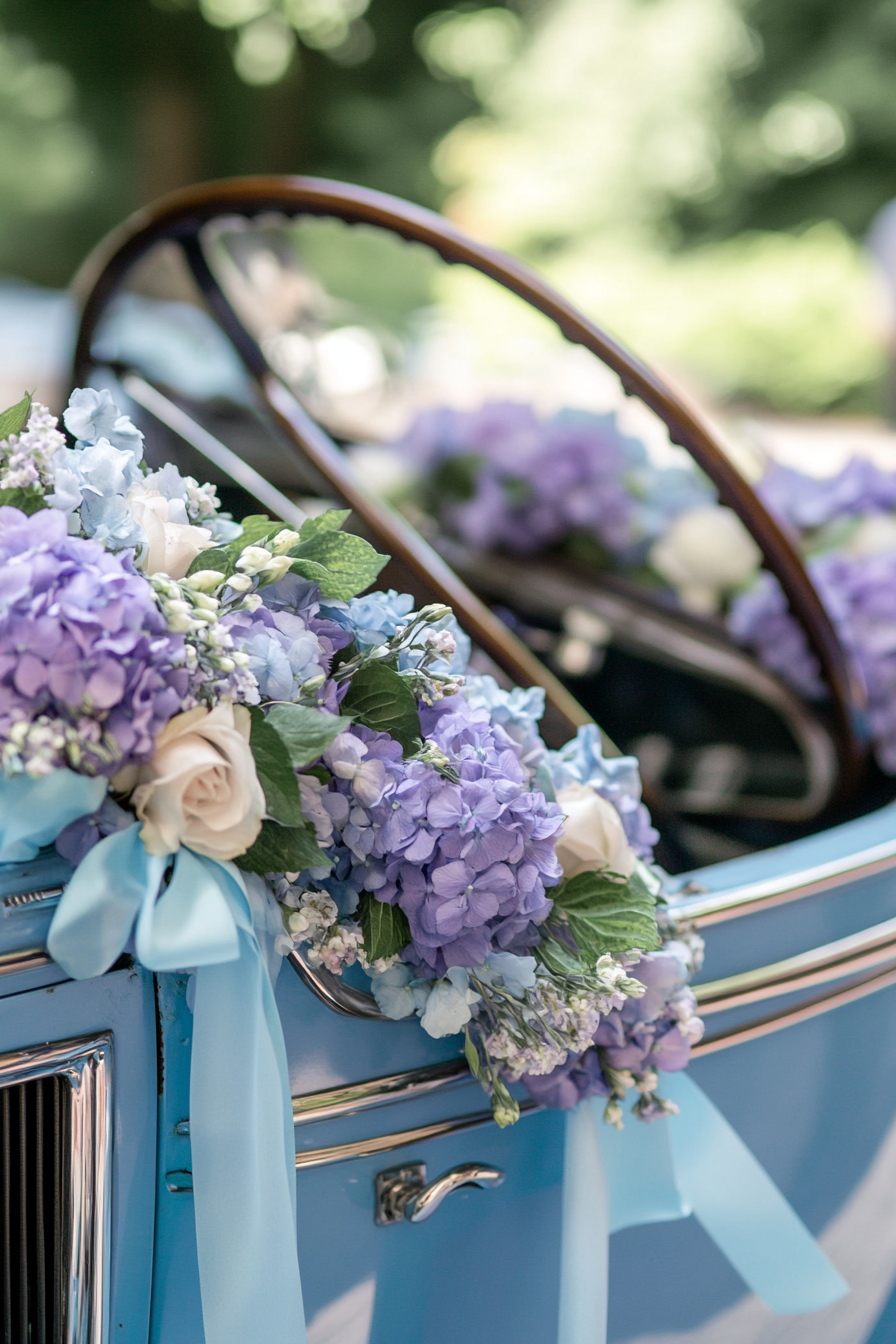 Wedding transport design. Vintage car draped in lavender flower garlands and pale blue ribbons.