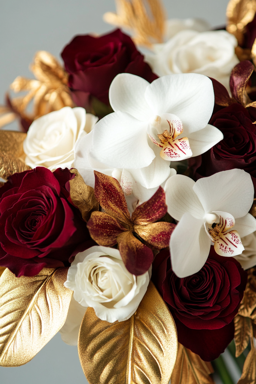 Wedding Bouquet Collection. White orchids, burgundy roses, gold leaves.