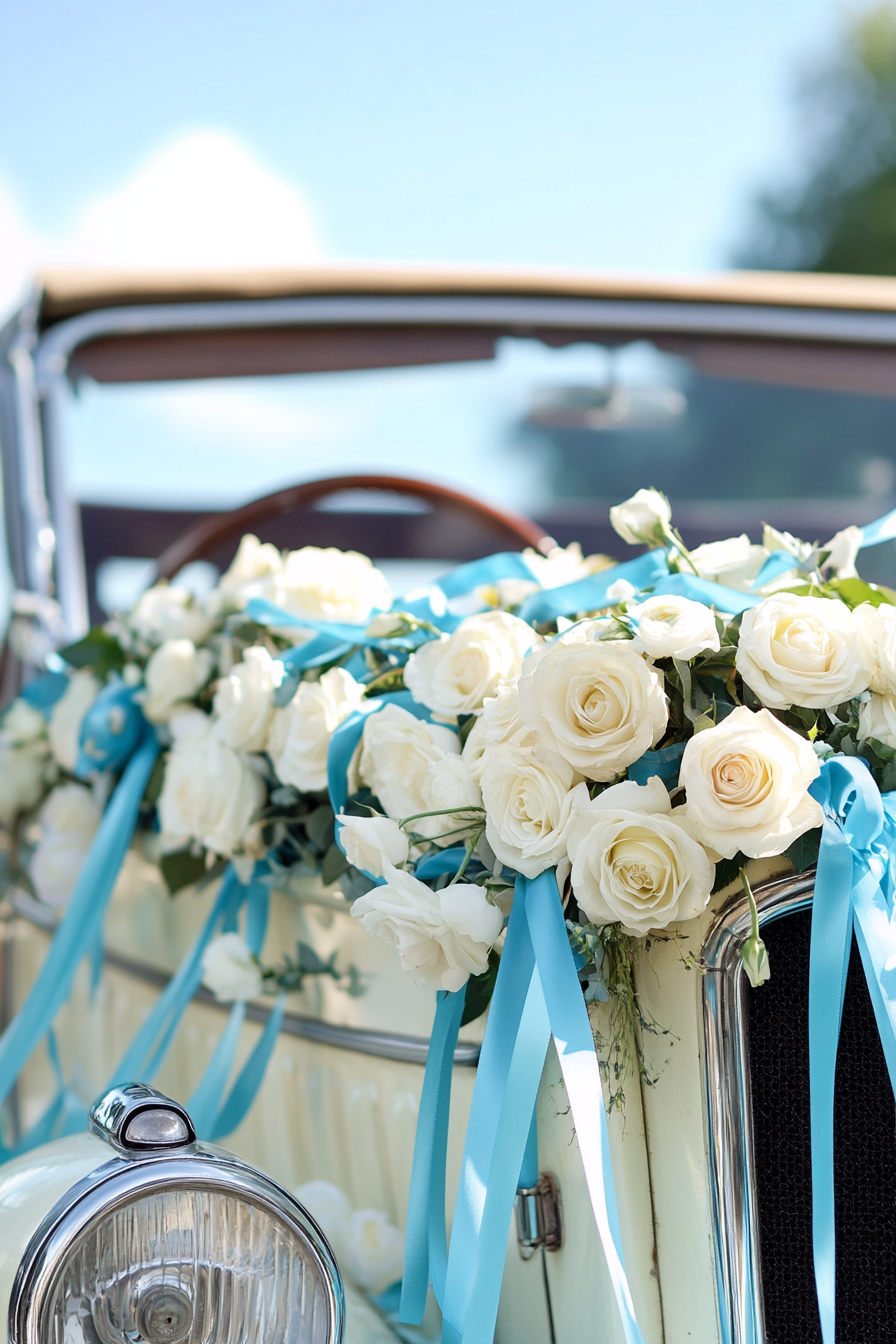 Wedding transport design. Vintage car decorated with white roses and blue ribbon streams.