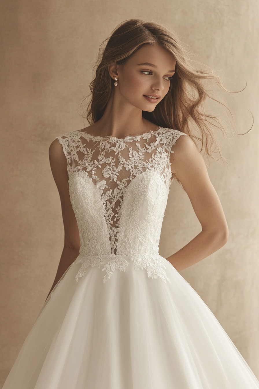 Wedding dress collection. A-line silhouette, chantilly lace bodice, pearl buttons.