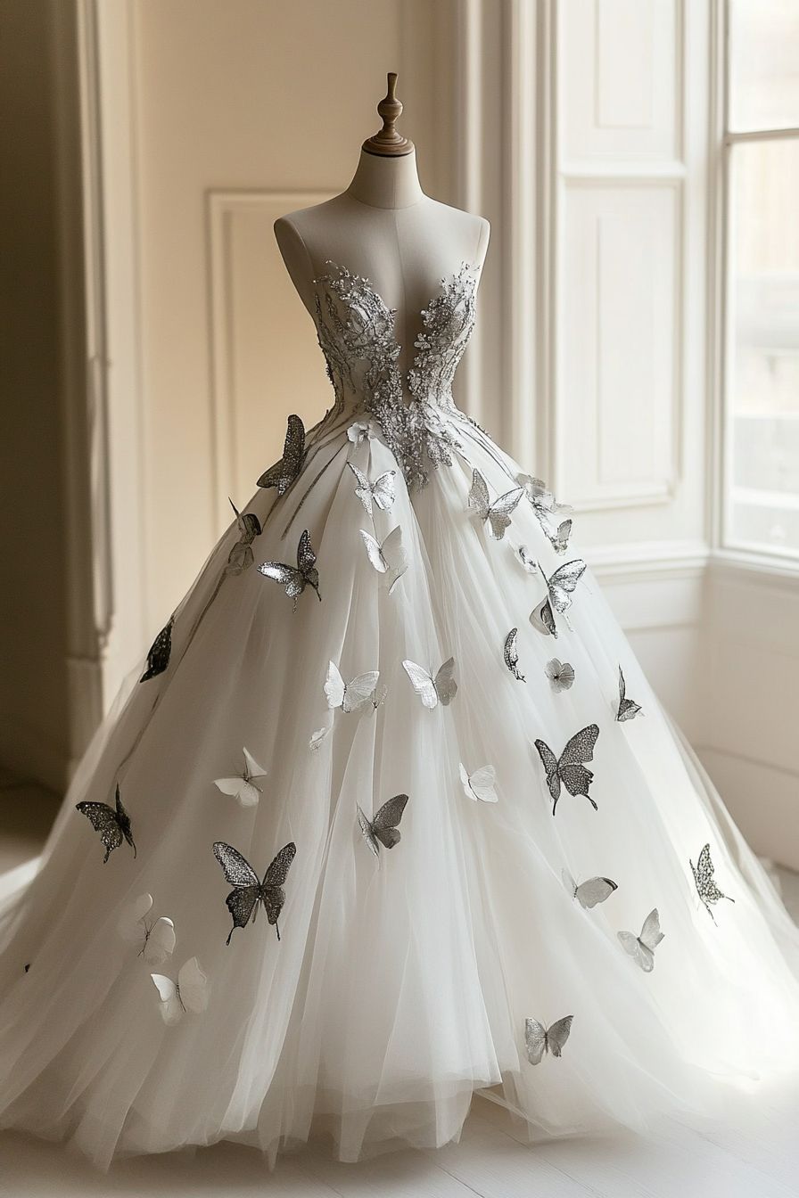 Wedding ball gown. Tulle layers with silver butterfly appliques.