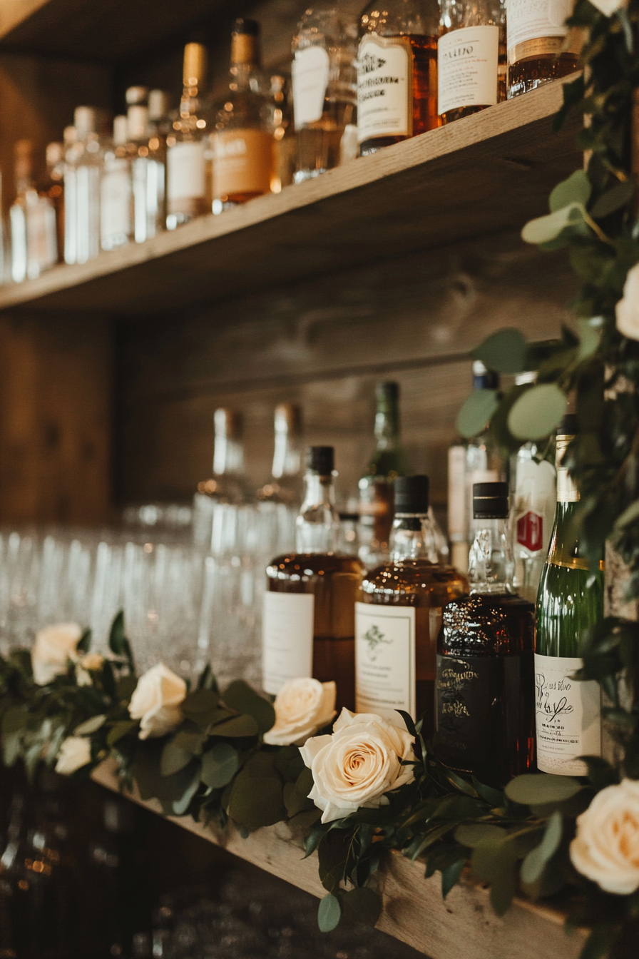 Wedding bar display. Greenery garlands, ivory roses, wooden floating shelves.