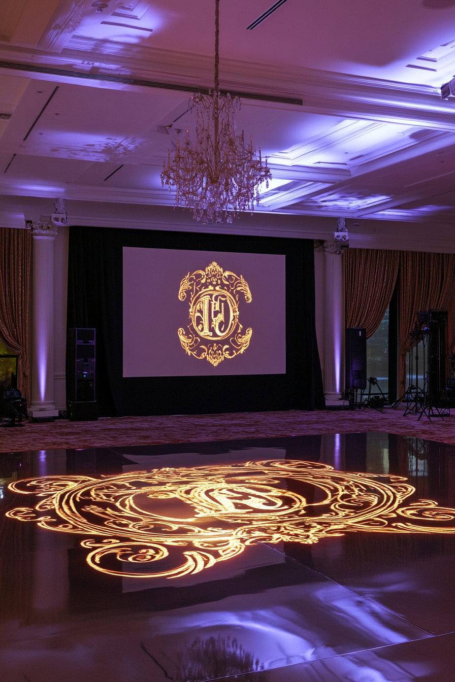 Wedding entertainment space. Antique monogram projector, hi-tech LED borders.