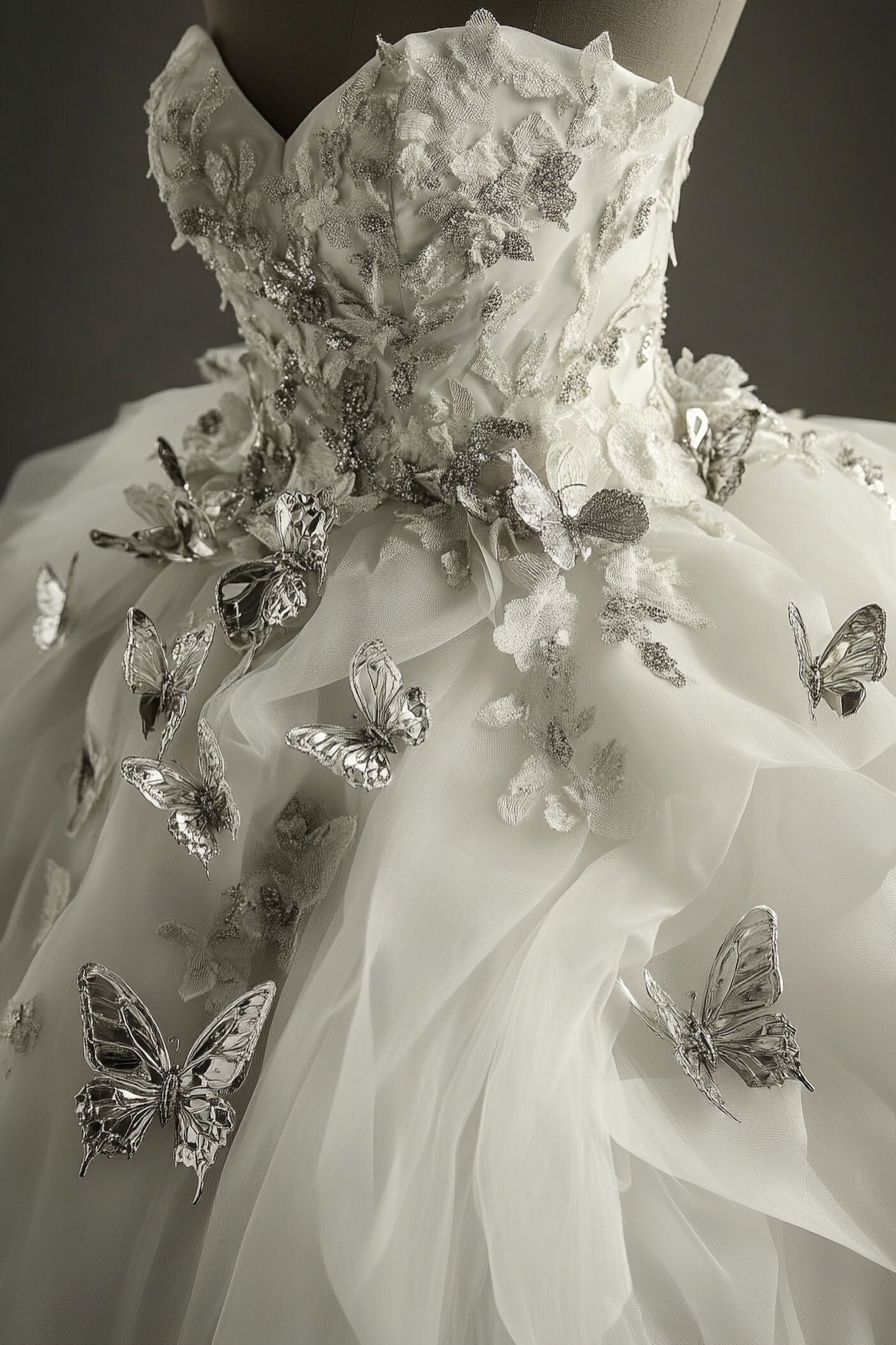 Wedding ball gown. White tulle layers with sterling silver butterfly appliques.