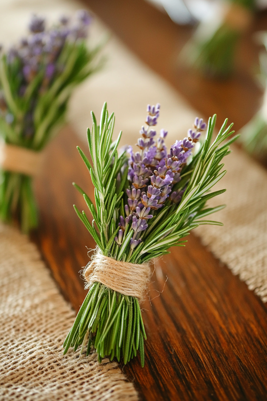 Wedding reception setup. Rosemary sprig napkin rings with lavender potted plant centerpieces.