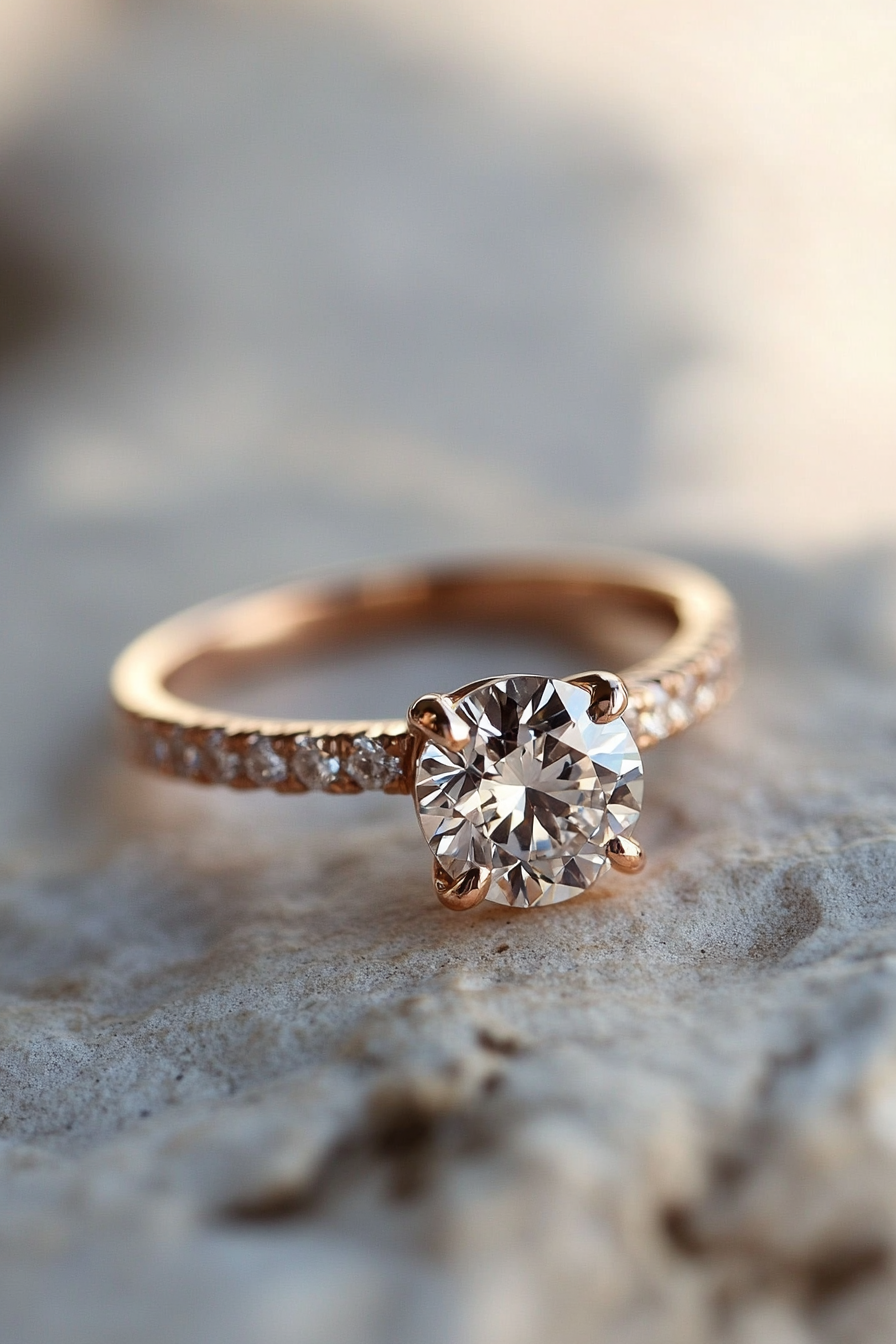 Wedding ring. Rose gold solitaire with secret diamond encrusted band.