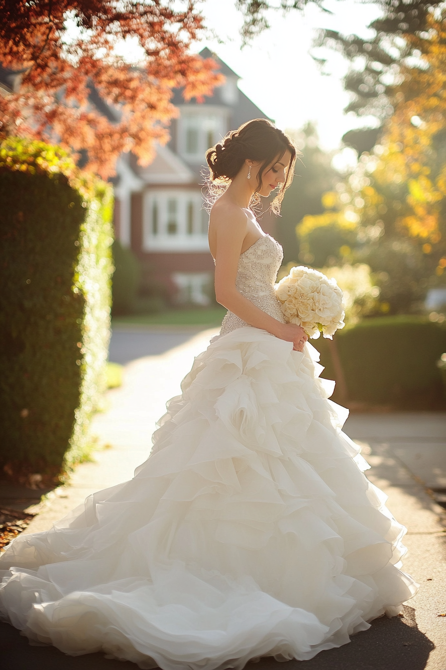 Wedding gown. Cathedral train with ruffled organza, crystallized bodice in classic ivory.