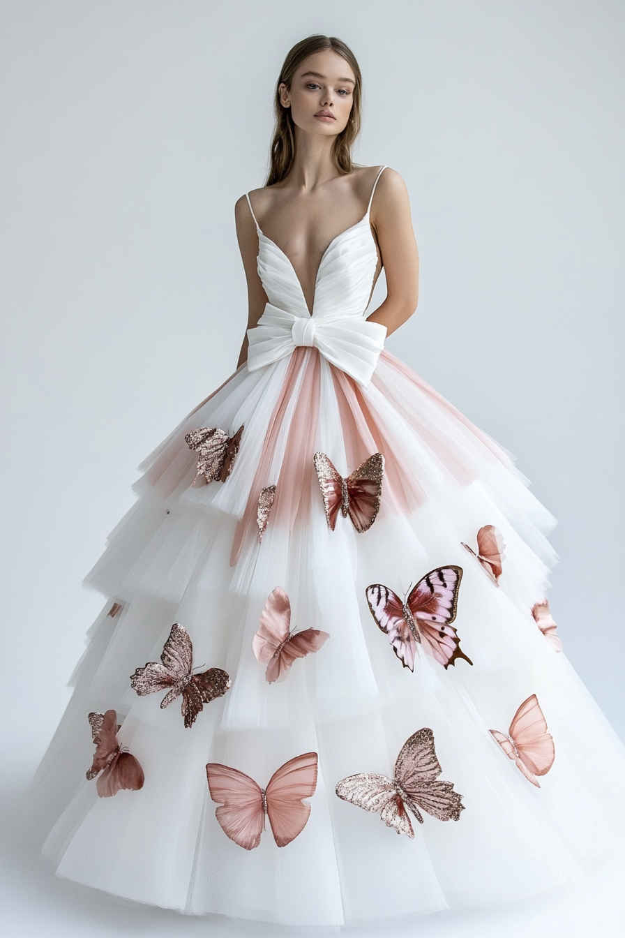 Wedding ball gown. White tulle layers, blush satin bow, metallic butterfly appliques.