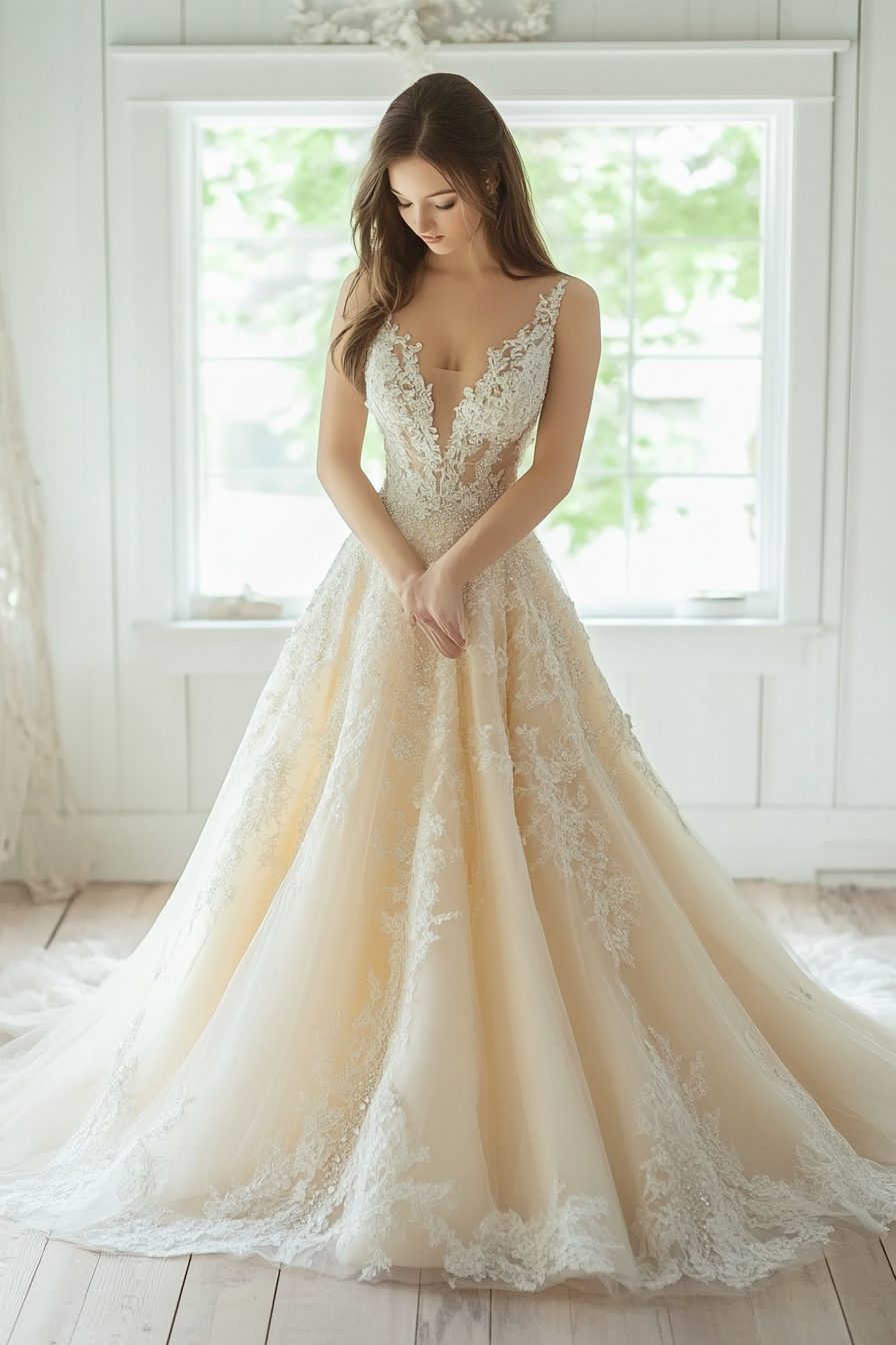 Wedding gown. Crystalized bodice, cathedral train, champagne color.