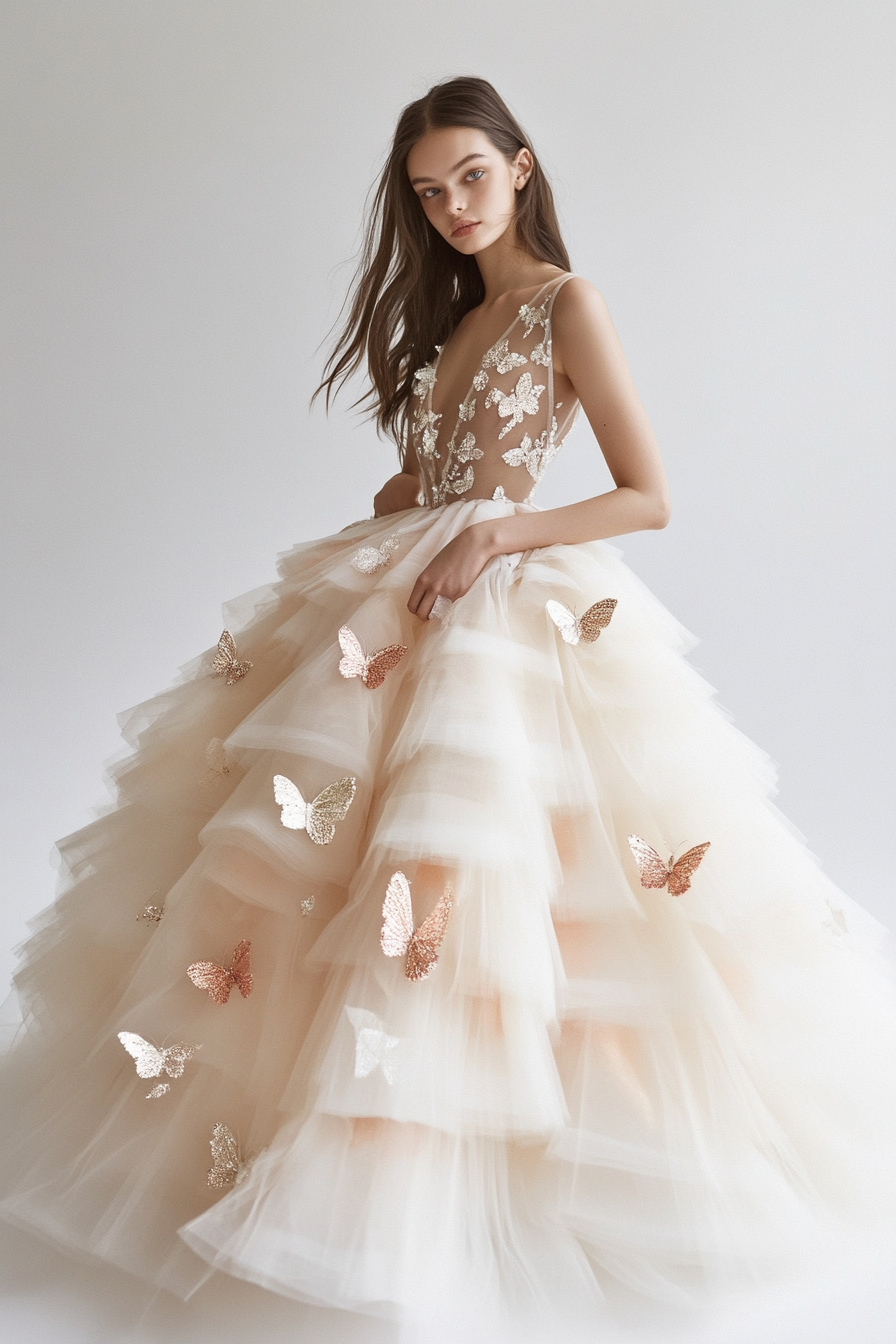 Wedding ball gown. Tulle layers embedded with iridescent butterfly appliques.