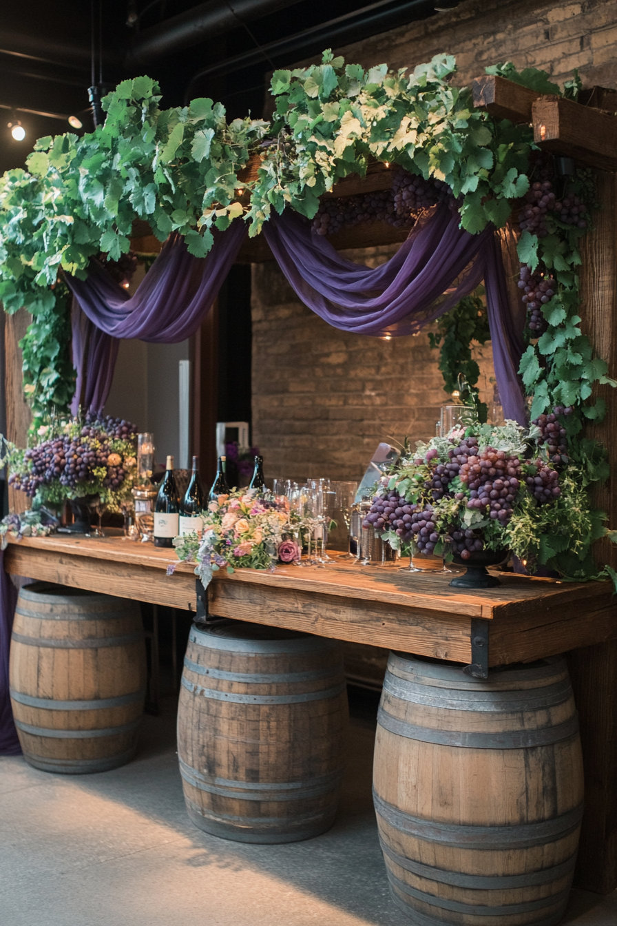 Wedding venue design. Wooden barrels display with draped grape arbor and rustic wine station.