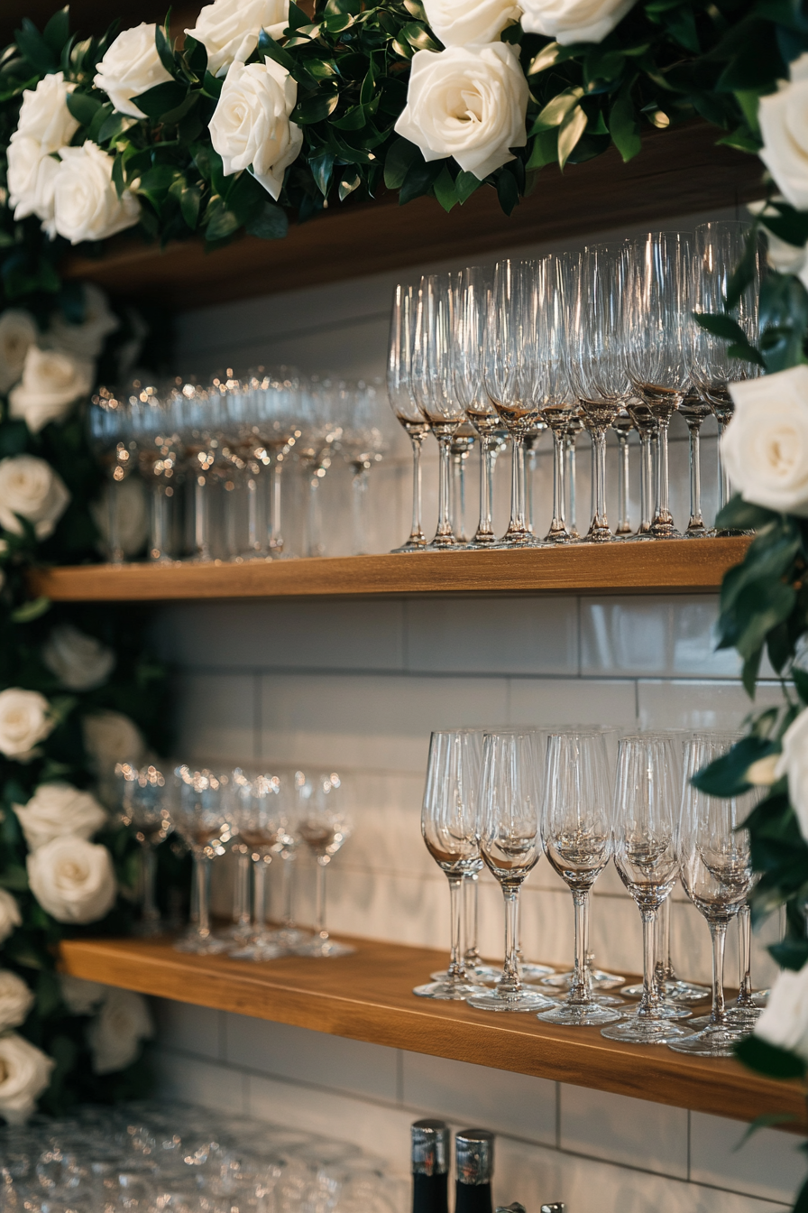 Wedding bar display. Floating shelves, white roses garland, crystal champagne flutes.