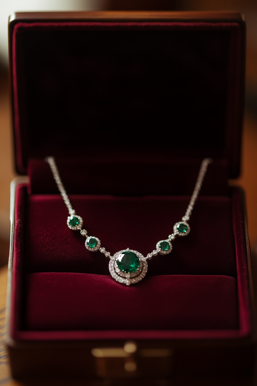 Wedding jewelry showcase. Emerald necklace in burgundy velvet box.