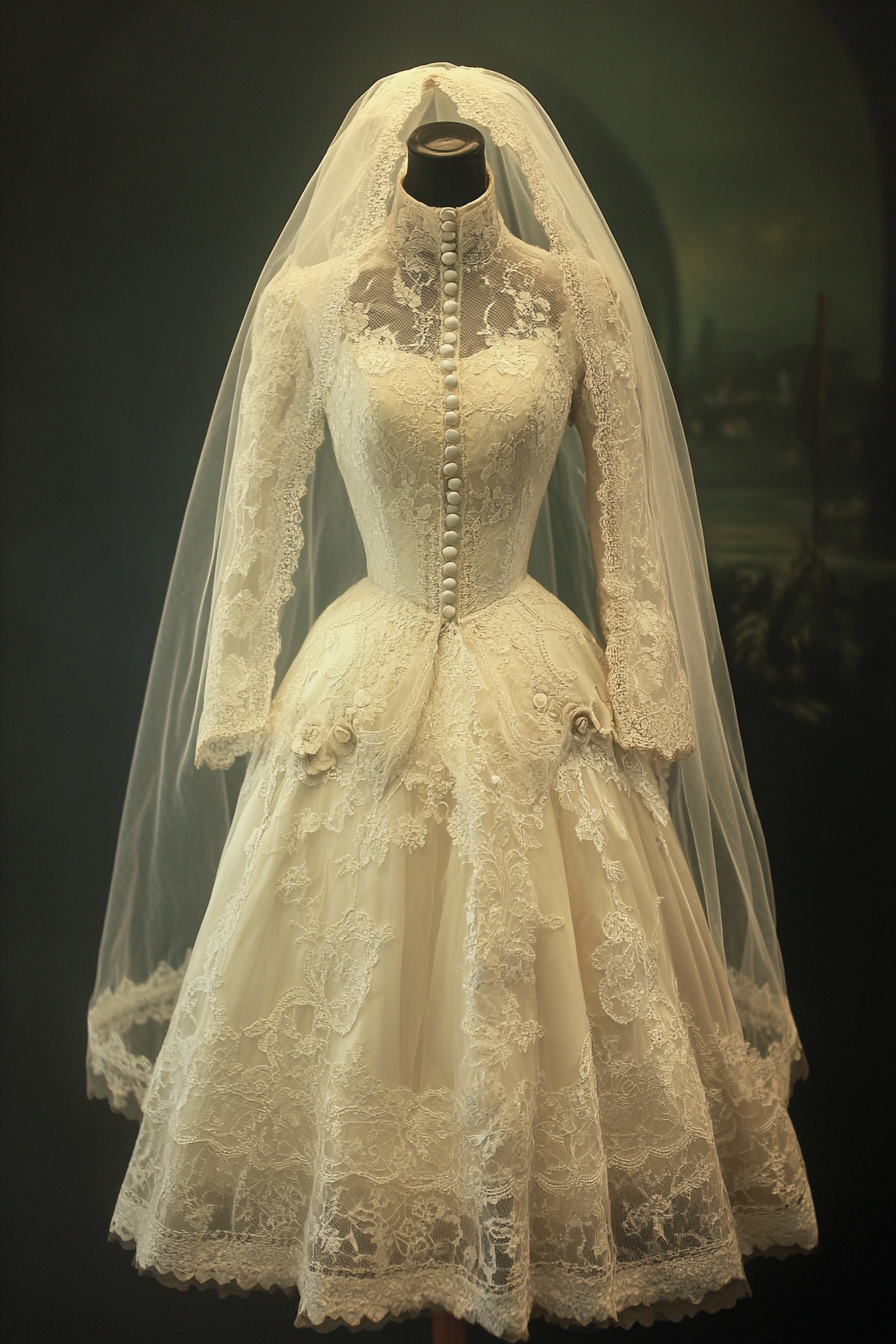 Wedding dress. Chantilly lace with veil and pearl buttons.