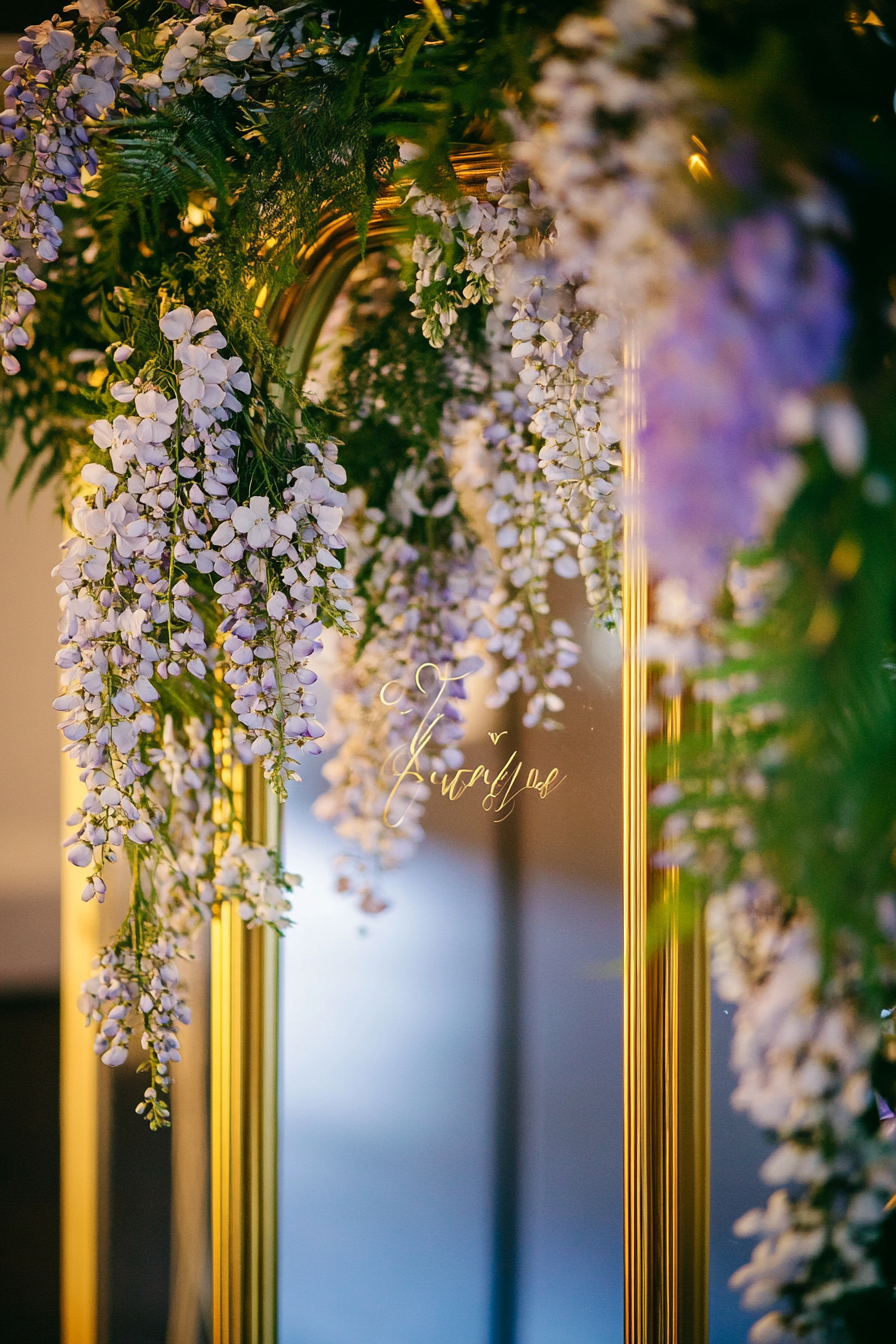 Wedding entrance display. Mirror calligraphy in gold with wisteria floral frame.