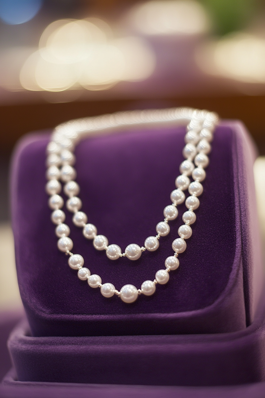 Wedding Jewelry Showcase. Silver beaded necklace on lavender velvet box.