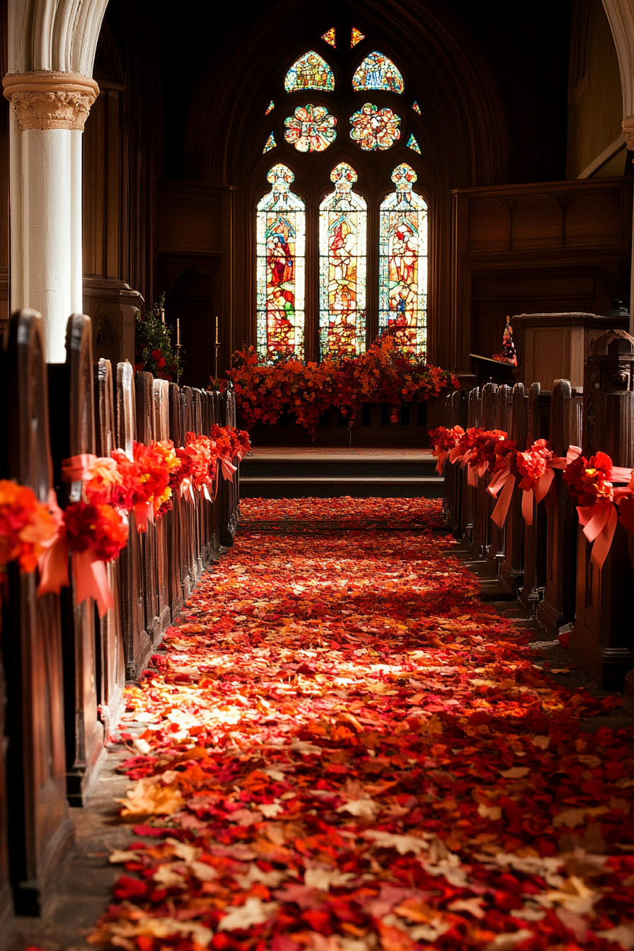 Wedding Ceremony Setting. Autumn leaves, pew bows on poppy-lined pews, under a stained glass apse.