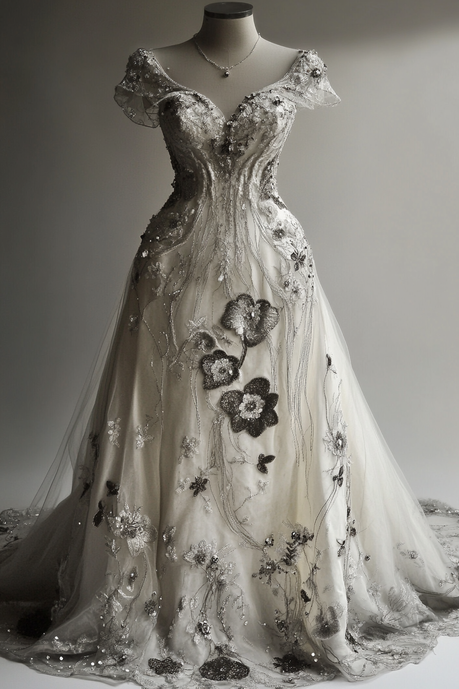 Wedding gown feature. Silver threads forming love story embroidery, scattered crystals.