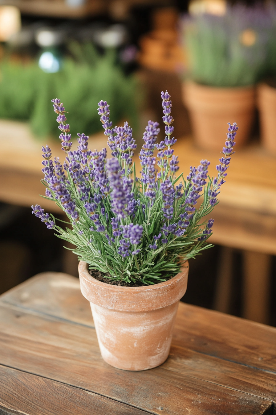 Wedding reception setup. Lavender potted centerpiece on rustic wooden table.