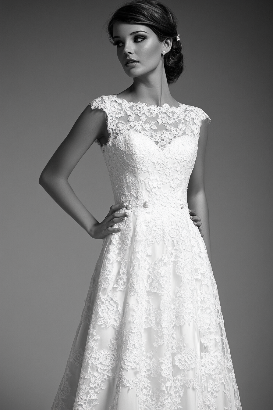 Wedding dress. A-line silhouette, chantilly lace, pearl buttons.