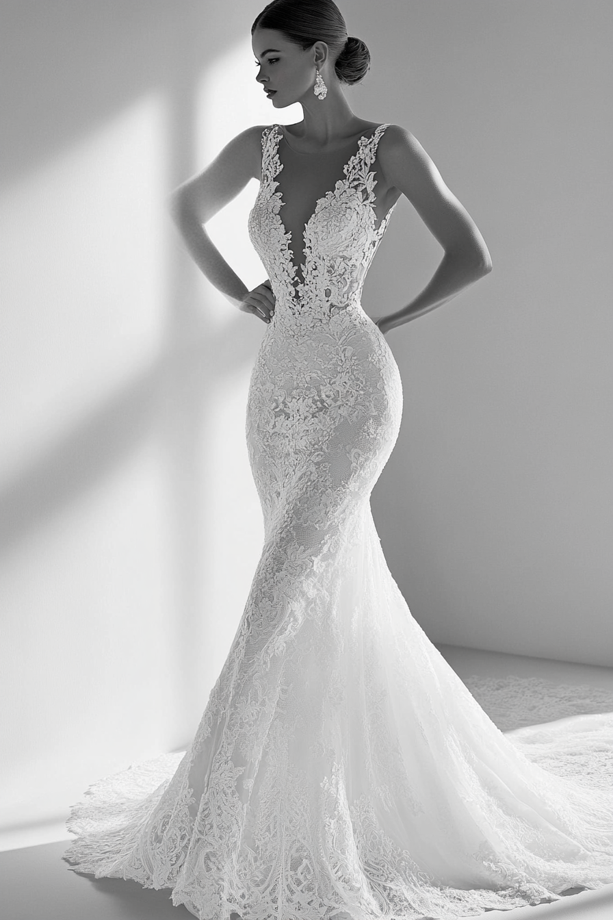 Wedding dress collection. Mermaid silhouette with Chantilly lace and pearl buttons.